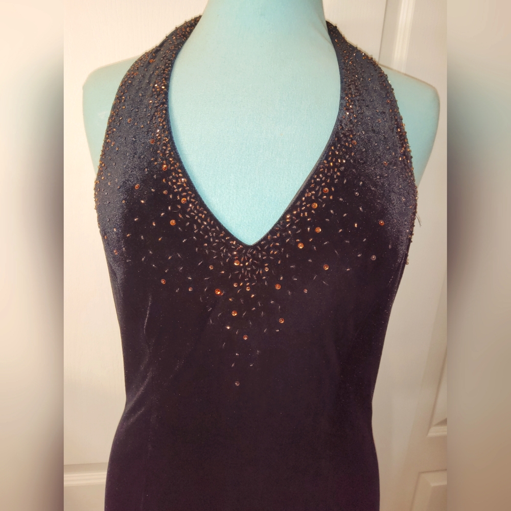 Vintage black velvet gown \ halter gown \ beaded cocktail dress
